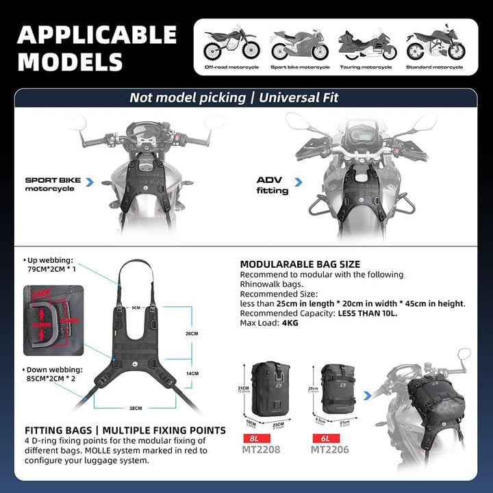 Rhinowalk Motorrad-Tankrucksack/Stossstangentasche, universelle Satteltaschen-Montagebasis Schwarz L