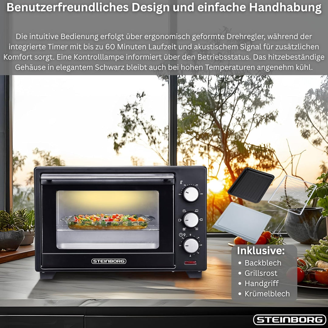 Steinborg® 25 Liter Mini Backofen mit Umluft Pizza Ofen inkl. Backblech und Grillrost Miniofen 60 Mi