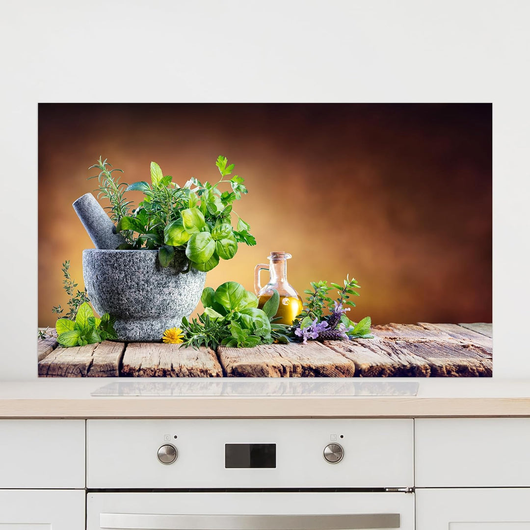 GRAZDesign Spritzschutz Küchenrückwand Glas Küche für Herd &amp; Küchenspüle, Kräuter in braun - Glaspla