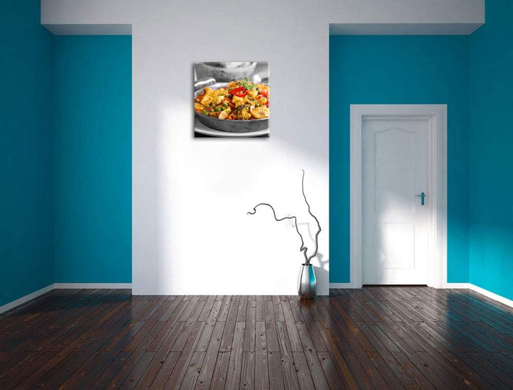 Pixxprint Appetitliche Fleischpfanne als Leinwandbild/Grösse: 70x70 cm/Wandbild/Kunstdruck/fertig be