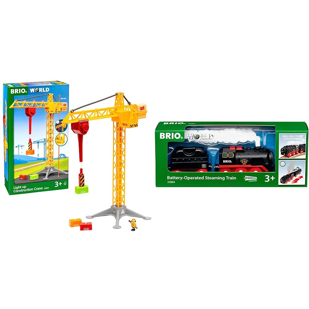 BRIO World 33835 Grosser Baukran mit Licht & World 33884 Batterie-Dampflok mit Wassertank - Lokomoti