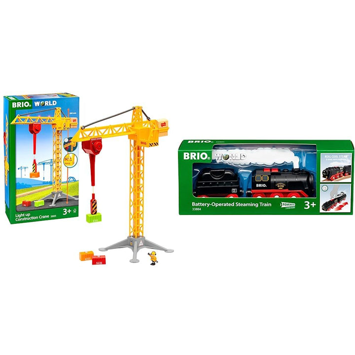BRIO World 33835 Grosser Baukran mit Licht & World 33884 Batterie-Dampflok mit Wassertank - Lokomoti
