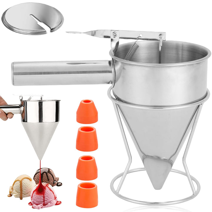 Pfannkuchen Teigspender Teigportionierer, 1200ml Edelstahl Kuchenspender mit Deckel & 4 Ersatzdüsen