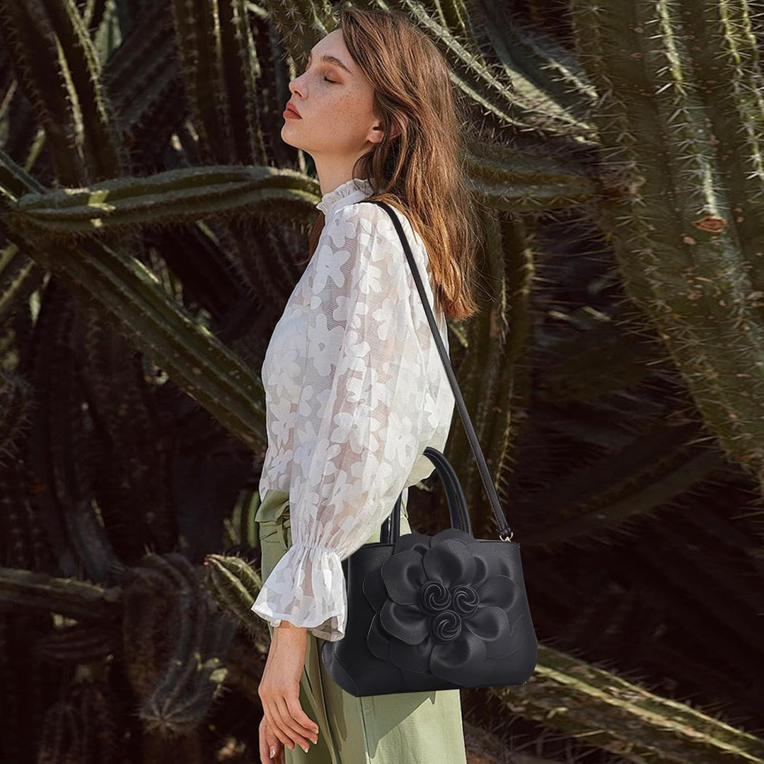 NICOLE & DORIS Modische Damen-Umhängetasche, Handtasche, Umhängetasche, Blumenmotiv Schwarz, Schwarz