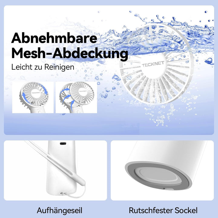 TECKNET Handventilator Tragbarer, 5000mAh Handventilator Akku Aufladbar, Mini handventilator mit LED