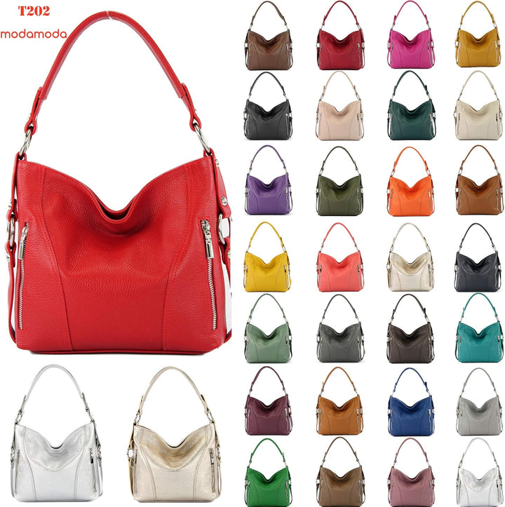 modamoda de - T202 - ital. Damen Henkeltasche Schultertasche aus Leder Graphitgrau, Graphitgrau
