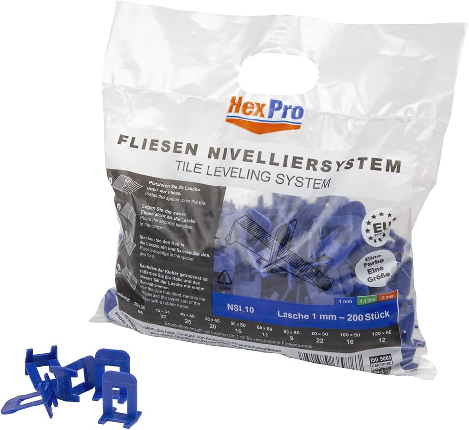 HexPro Fliesen Nivelliersystem 1mm 1,5mm 2mm Laschen, Fliesenstärke bis 15mm Fliesenkeile, Verlegehi