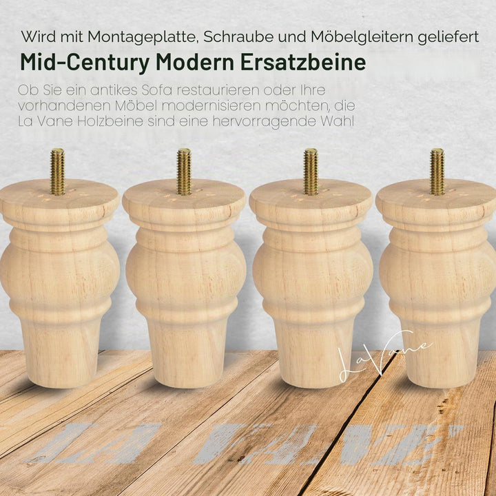 LA VANE 4 Stück Möbelfüsse aus Massivholz - 10cm Höhe, Unlackiert, Spindelform mit M8 Bolzen &amp; Monta