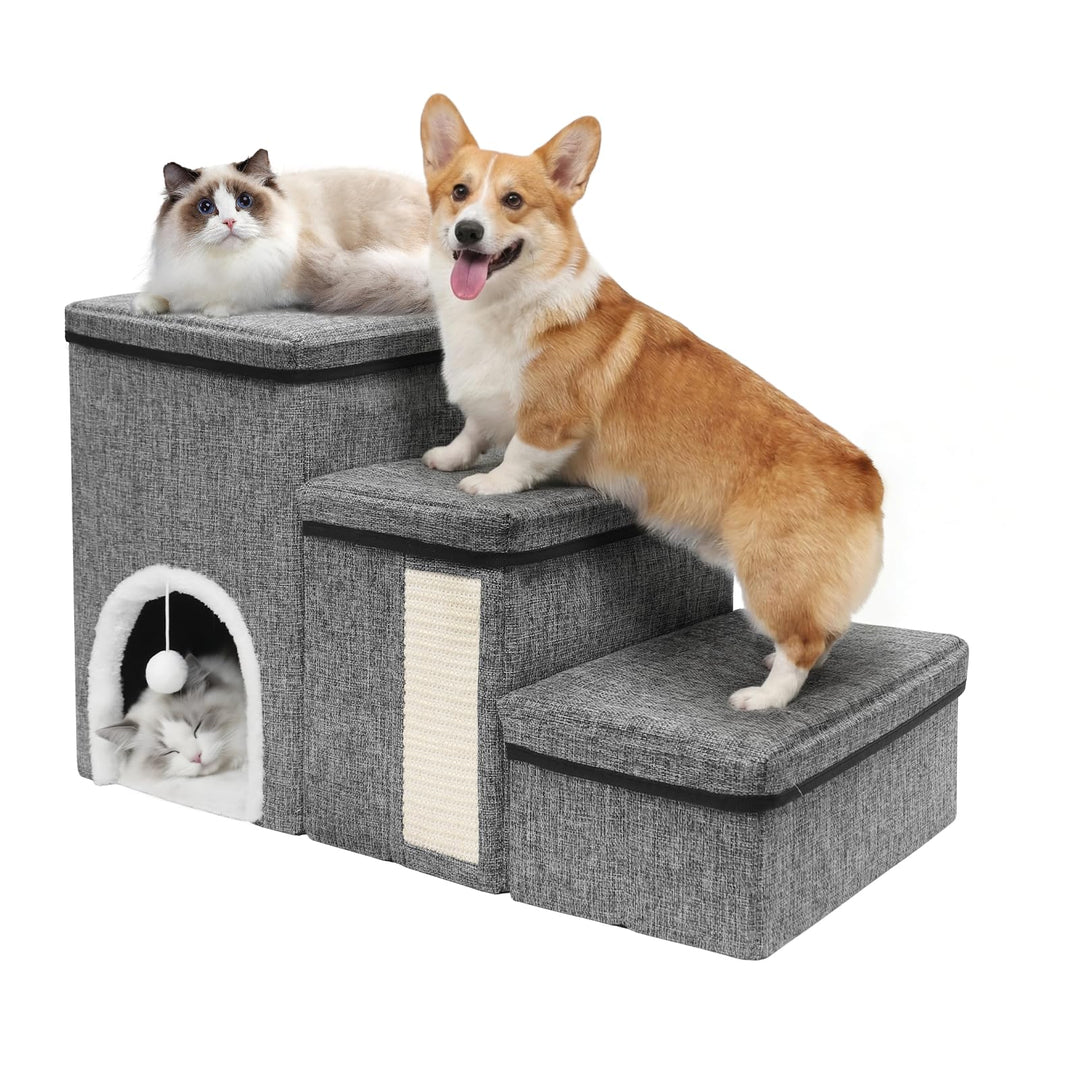Newthinking Hundetreppe 3 Stufen mit Stauraum, rutschfeste &amp; Faltbare Treppe für kleine Hunde, älter