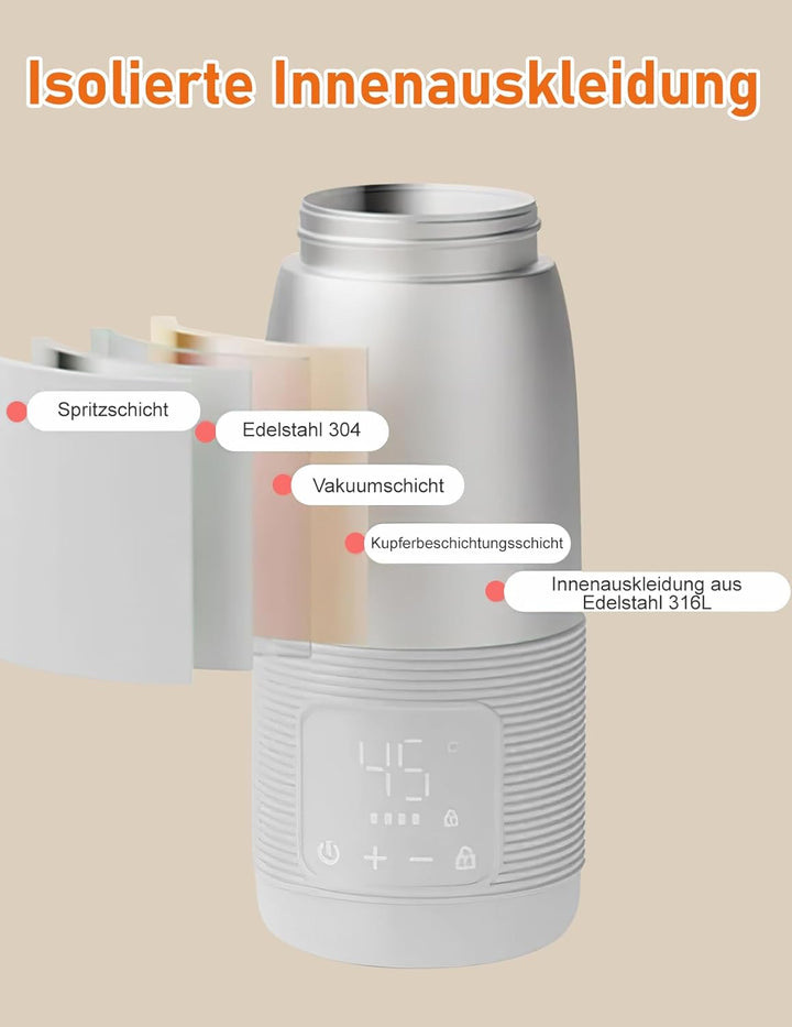 Tragbarer Flaschenwärmer, 500ml Flaschenwärmer Baby Unterwegs Präzise Temperaturkontrolle 37 Bis 55