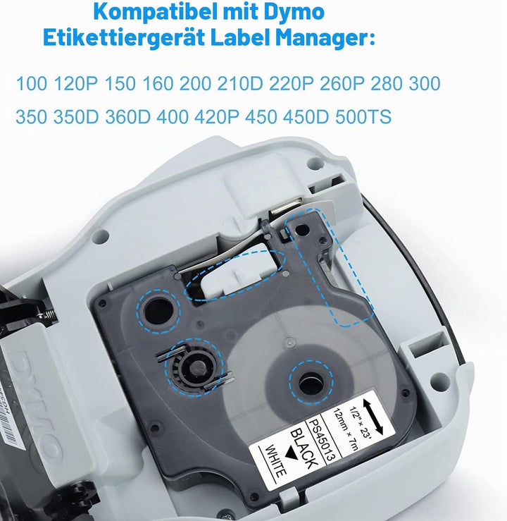 Pristar 12mm Kompatibel Schriftband für D1 45013 S0720530 1/2 Schwarz auf Weiss für LabelManager 160