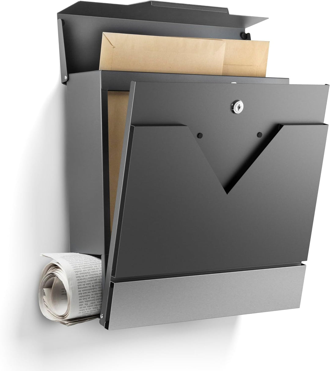 Moderner Briefkasten Personalisierbar Venedig Anthrazit RAL7016 - mit Zeitungsfach - Wandbriefkasten