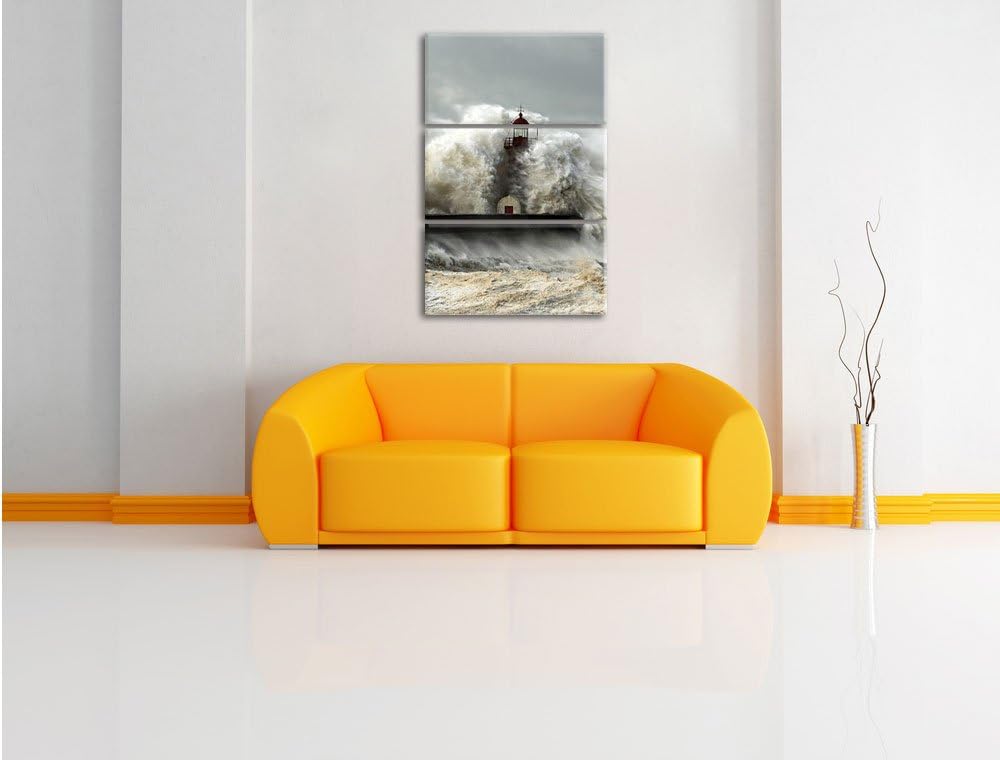 Pixxprint Leuchtturm im Sturm als Leinwandbild - Grösse: 3-Teilig (120x80cm) - Wandbild - Kunstdruck