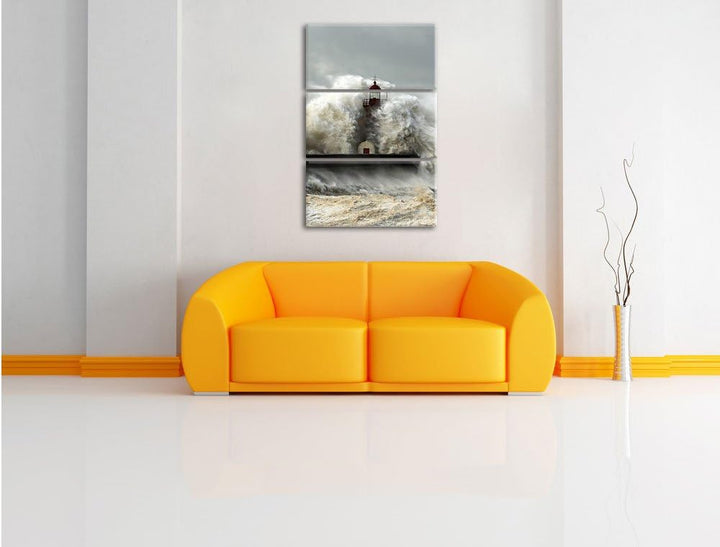 Pixxprint Leuchtturm im Sturm als Leinwandbild - Grösse: 3-Teilig (120x80cm) - Wandbild - Kunstdruck