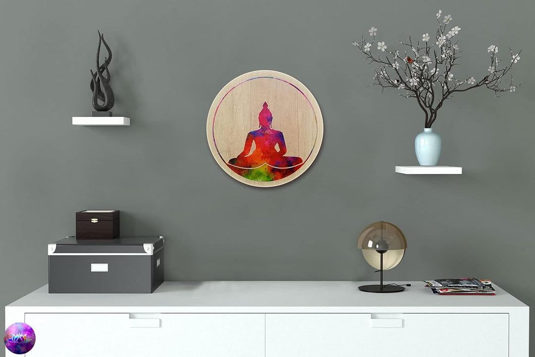 Kunst und Glas Holzbild · Buddha · Ø 40cm · Symbol Lehre Erleuchtung Ruhe Entspannung Meditation auf