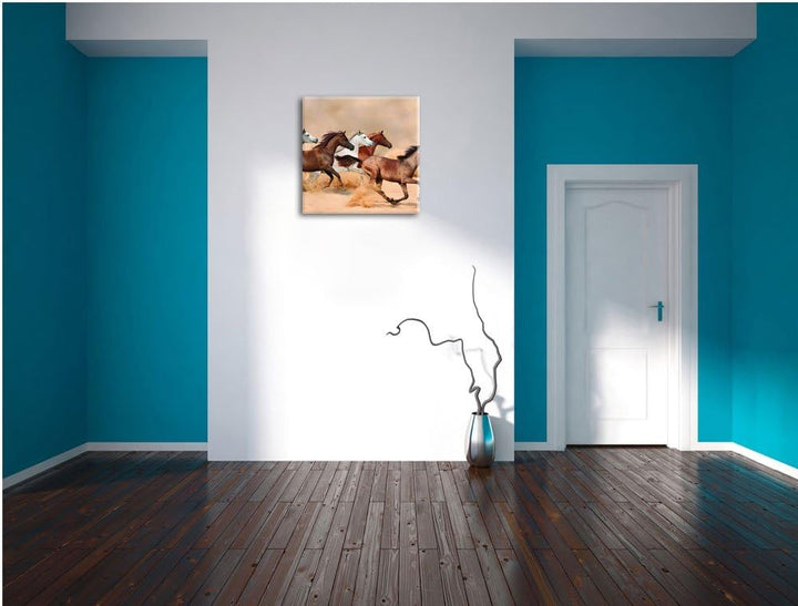 Western Pferde in Wüste, Format: 70x70 auf Leinwand, XXL riesige Bilder fertig gerahmt mit Keilrahme