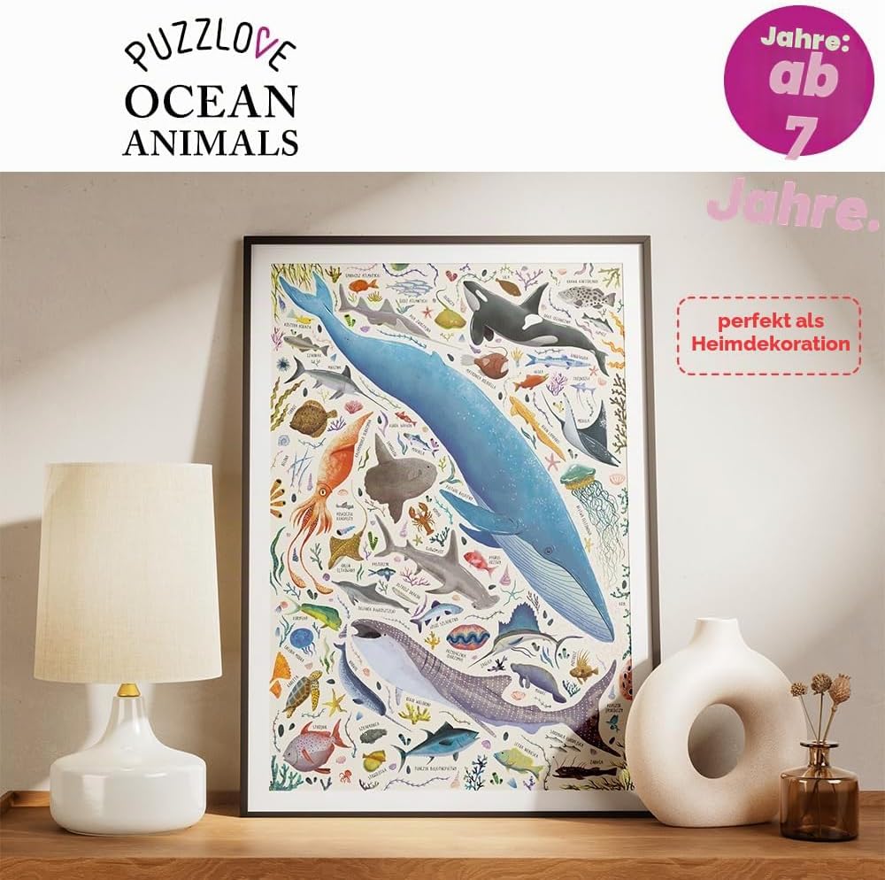 Puzzlove Ocean Animals 200 Teile Lernpuzzle für Kinder 7+, Bodenpuzzle, Meeresleben Ozeantiere (200