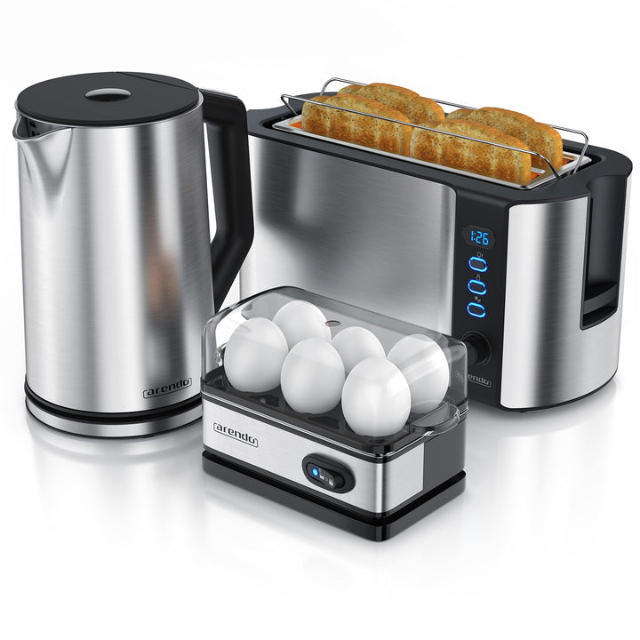 Arendo - Wasserkocher mit Toaster SET und Eierkocher, Edelstahl Silber Wasserkocher 1,5L 40° -100°C
