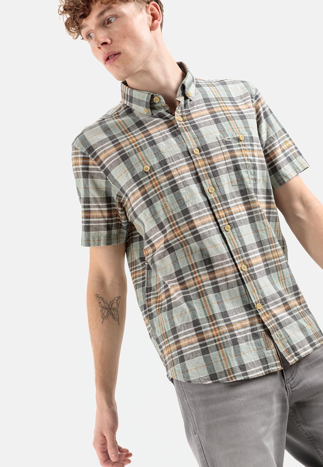 camel active Herren Kurzarm Hemd im Karomuster, S Grau