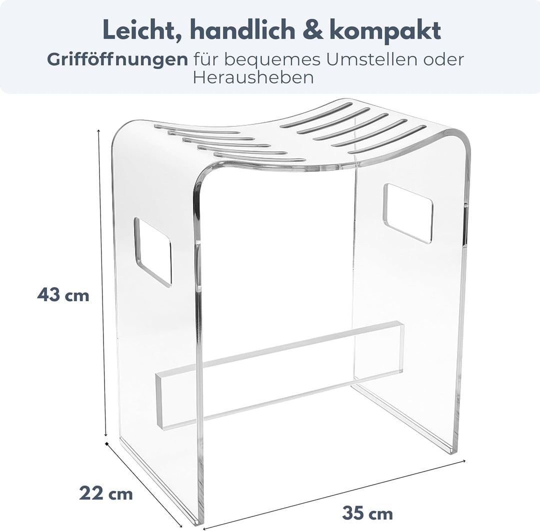 StarK Duschhocker aus klarem Acryl - 43 cm hoch - U-Form mit Ablauf-Schlitzen - rutschfest & rostfre