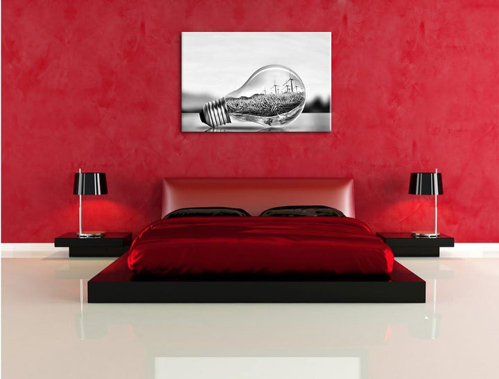 Pixxprint Glühbirne mit Ozean und Leuchtturm als Leinwandbild/Grösse: 100x70 / Wandbild/Kunstdruck/f