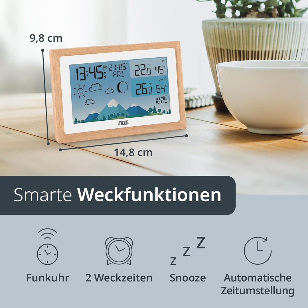 ADE Wetterstation Funk mit Aussensensor | Innen- und Aussentemperatur mit Wettervorhersage | Hygrome