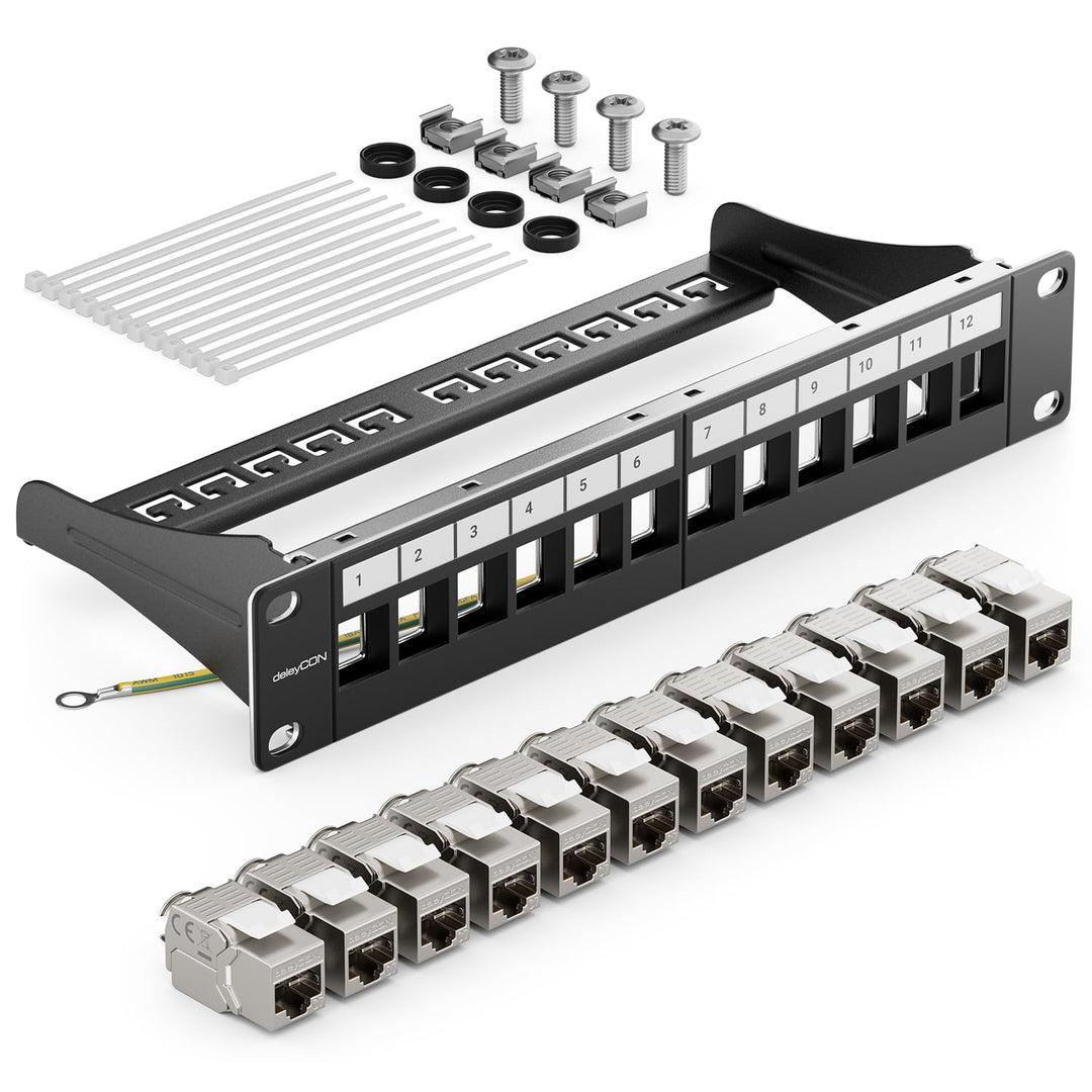 deleyCON 12 Port CAT7 Patchpanel SET Patchfeld Verteilerfeld Modular 1 HE 10" Zoll Rackeinbau + 12x