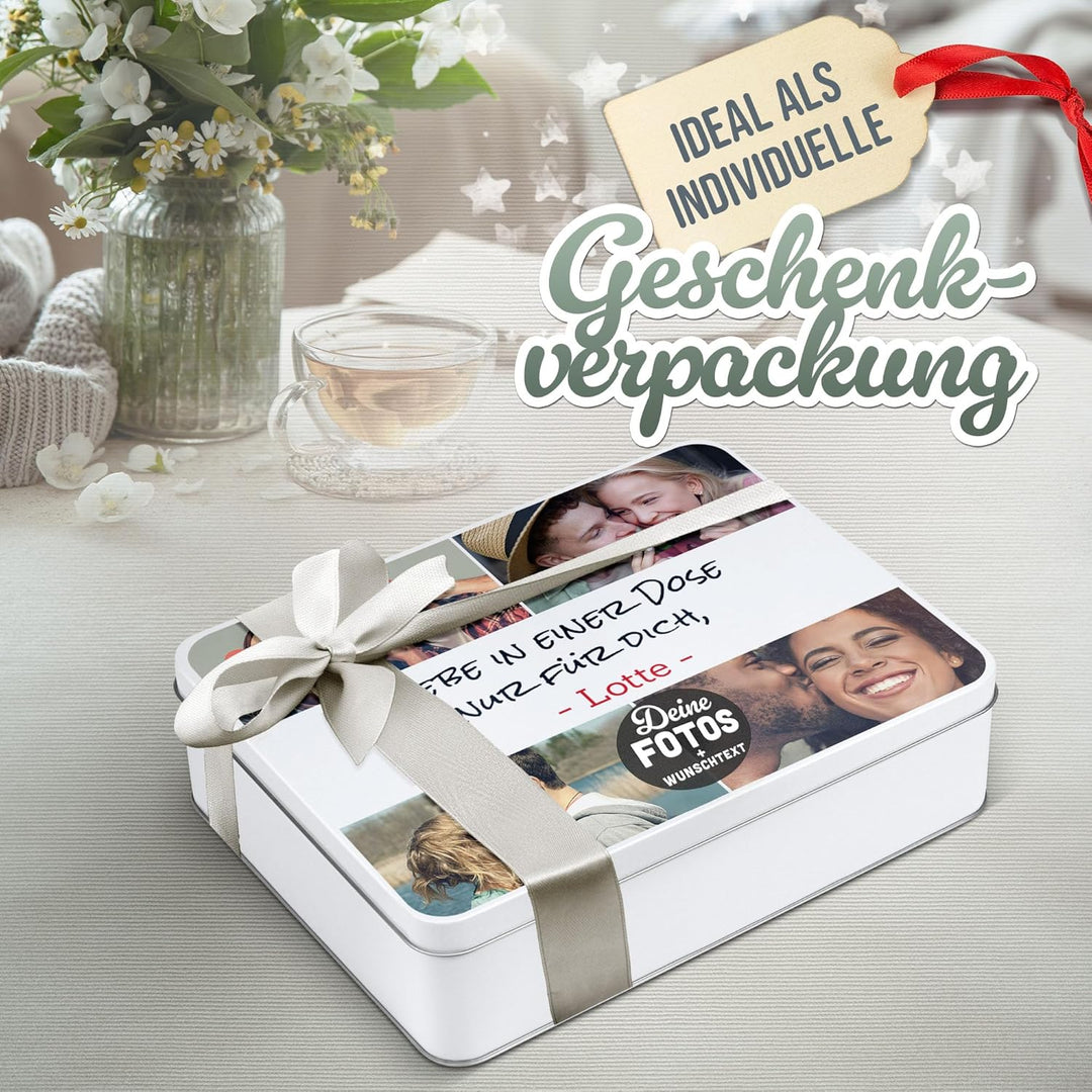Print Royal PR Geschenkdose selbst gestalten mit 4 Fotos &amp; 3 Zeilen Text - Blechdose bedrucken, Pers