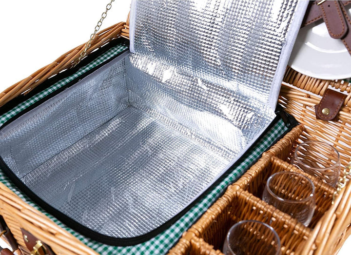 eGenuss Handgefertigtes Picknickkorb für 4 Personen mit Kühlfach - Inklusive Edelstahlbesteck, Kühlf