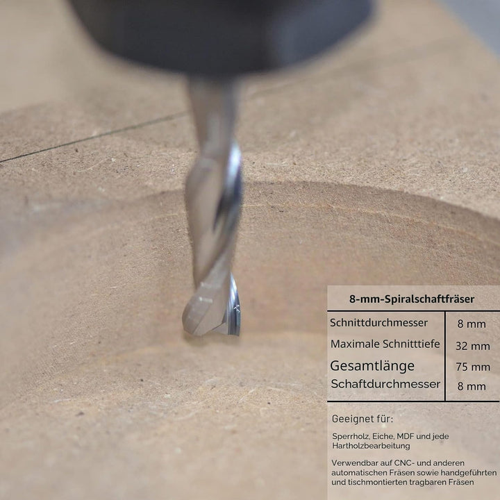 SpeTool Spiralnutfräser 8mm Schaft Downcut 32mm Schnittlänge Nutfräser Spiralfräser 2 Flöten Router