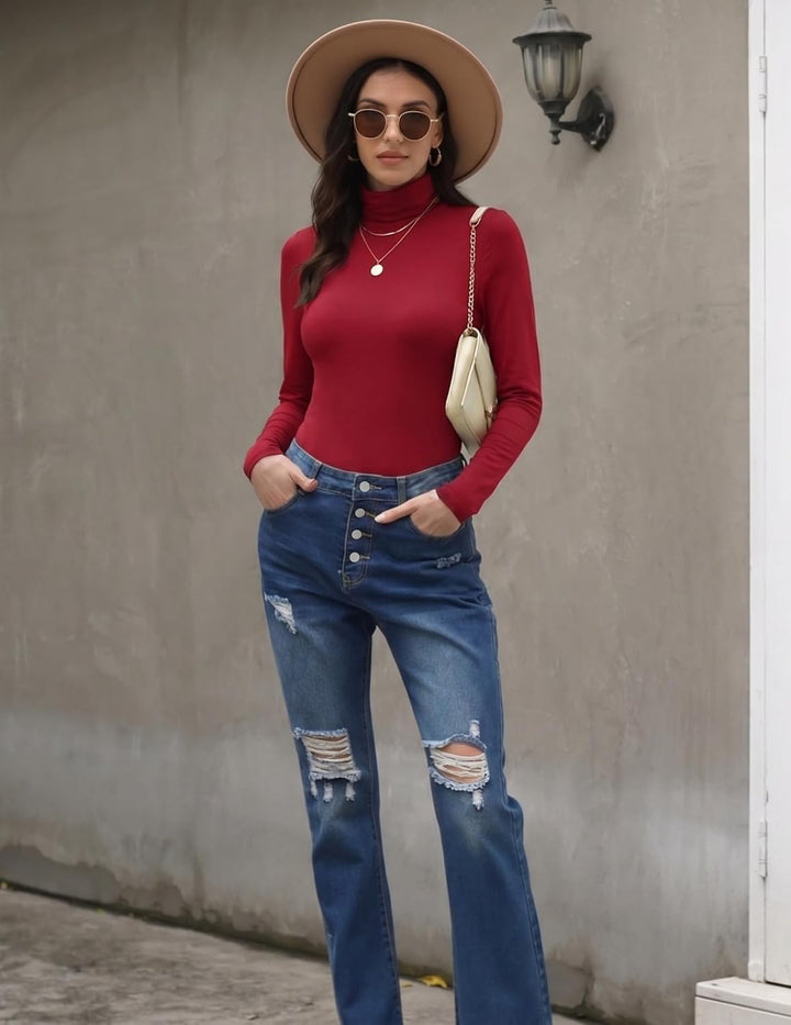 Zeagoo Damen Long Sleeve Shirt Rollkragen Slim Fit Basic Oberteile Elegant Hemd Tshirts Stretch Unte