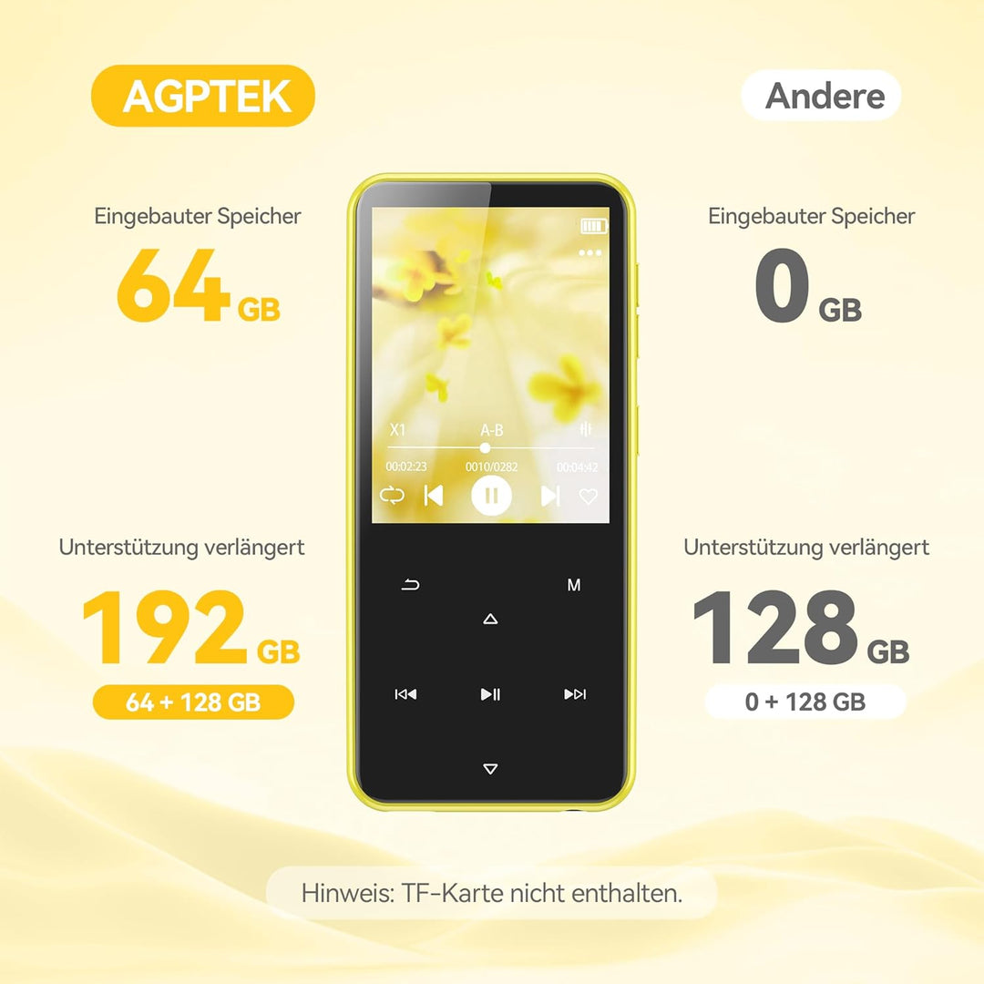 AGPTEK 64GB MP3 Player Bluetooth 5.3 mit 2,4" TFT Farbbildschirm, HiFi Musik Kinder MP3 Player mit L