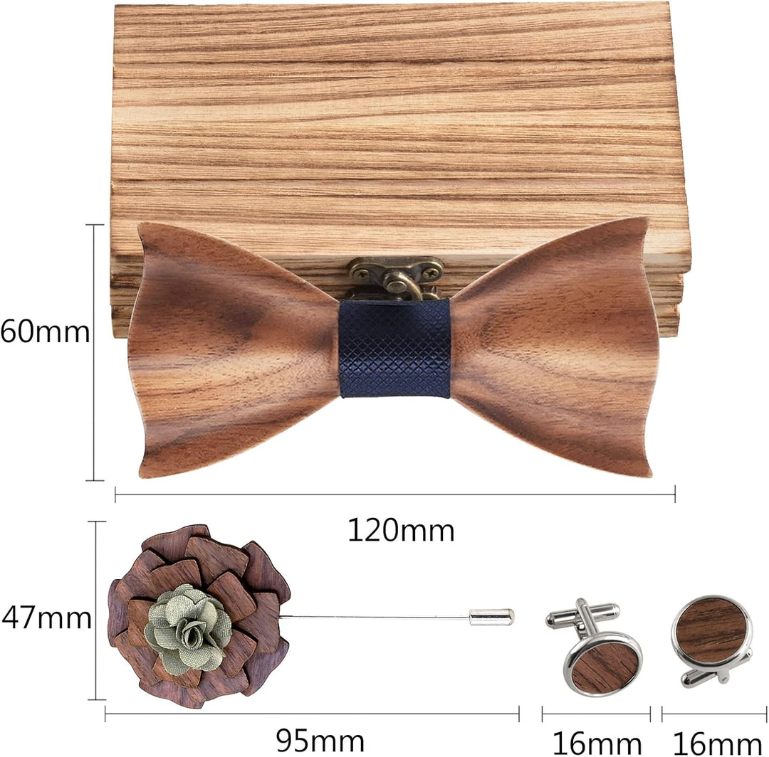 Mr.Van Holzfliege Klassische Set Fliege Herren,Holzfliege, Holz Manschettenknöpfe, Holzbrosche, Eins