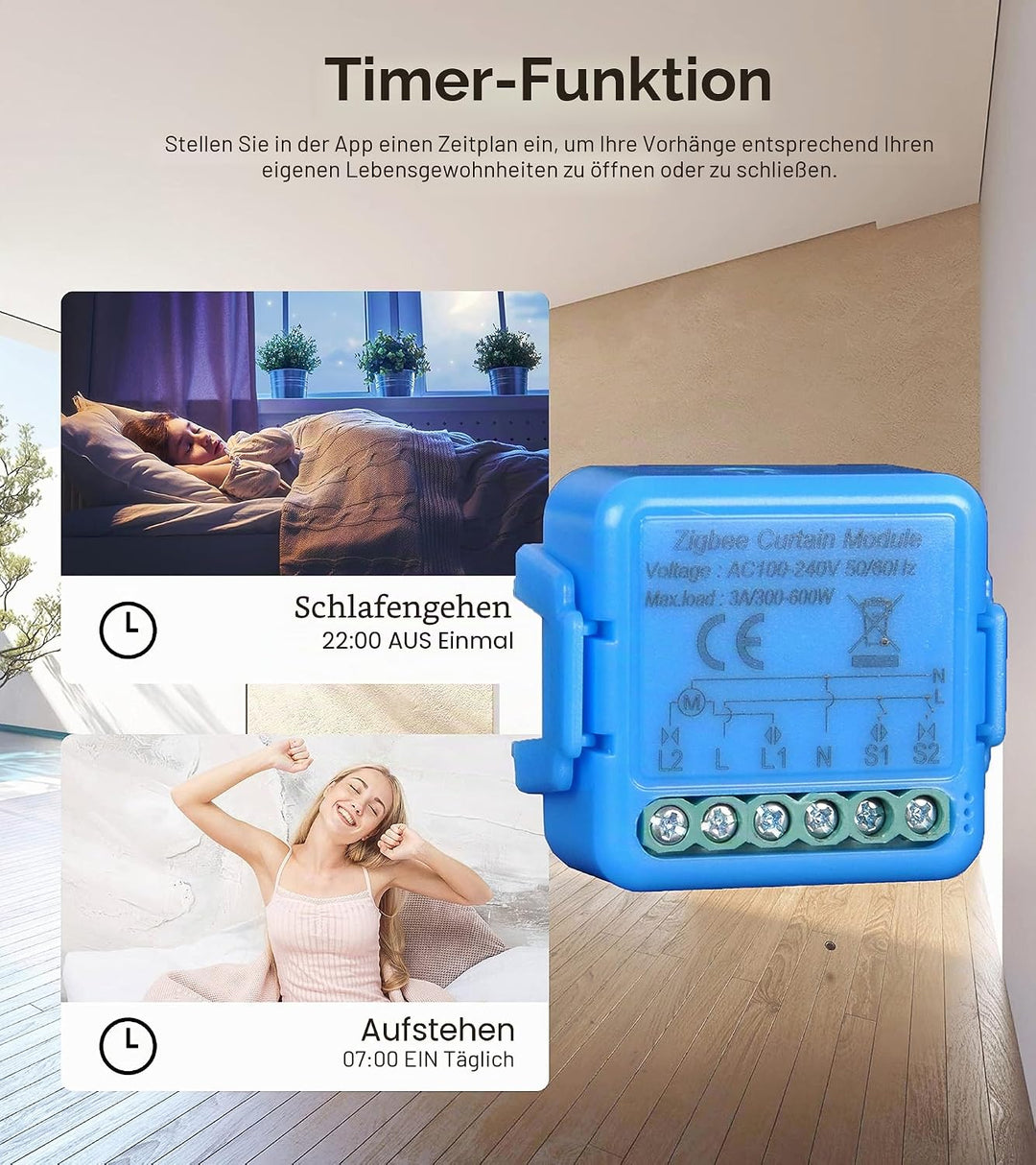 Zigbee Rollladenschalter, Steuermodul für elektrische Rollläden, Sprachsteuerung mit Alexa und Googl