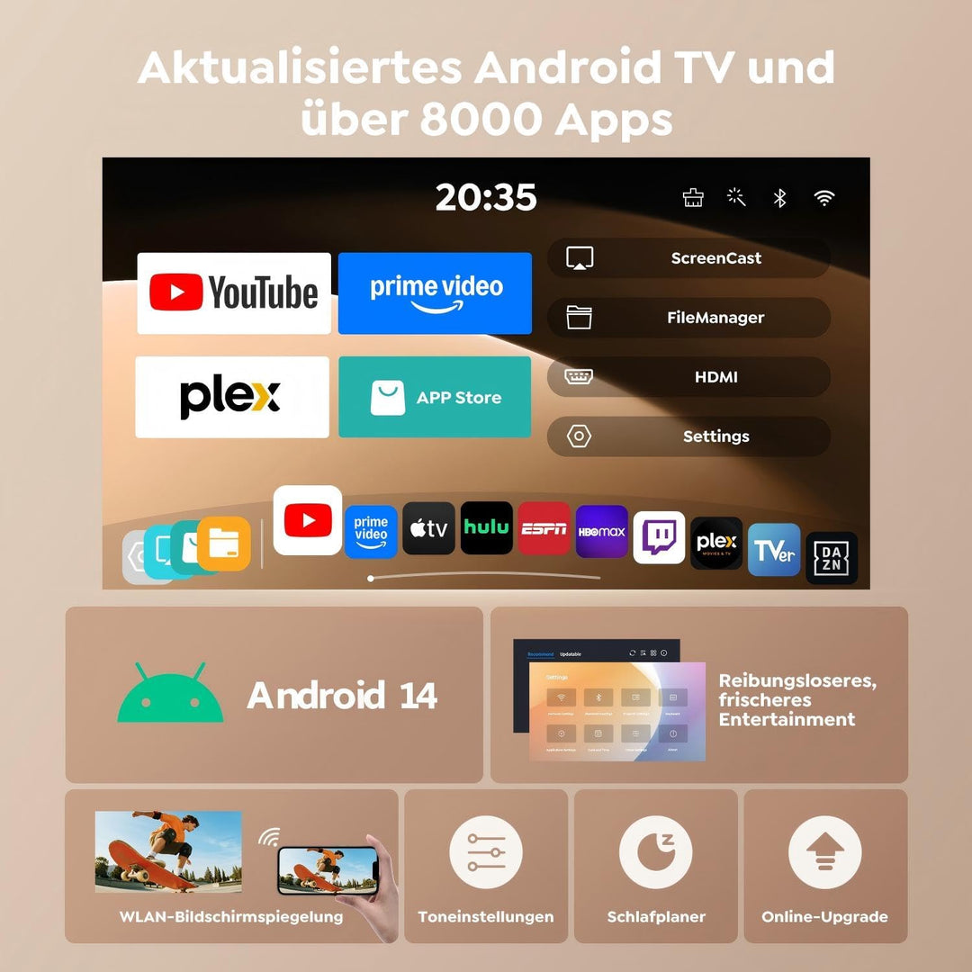 Mini Beamer 4K 1080P Unterstützt [Android 13 & 270° Drehbar] Smart Beamer Klein mit WiFi 6 Bluetooth
