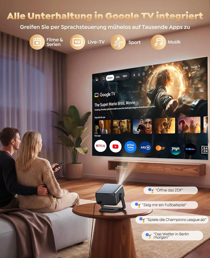 Smart Beamer【Google TV & 30W Lautsprecher】Beamer 4K Heimkino Unterstützt Autofokus/6D Trapezkorrektu