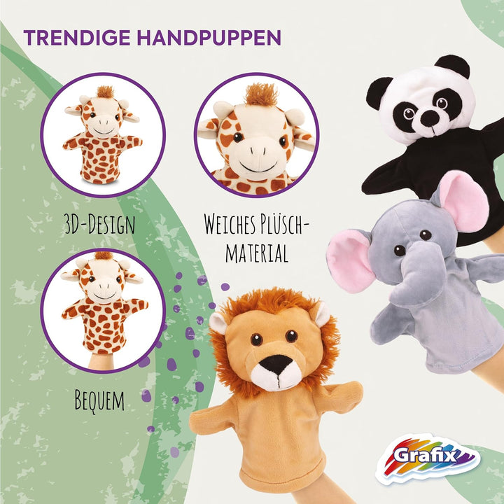Grafix Tier Handpuppen für Kinder | Ihr eigenes Puppentheater in einer Box! | Set mit 4 handspielpup