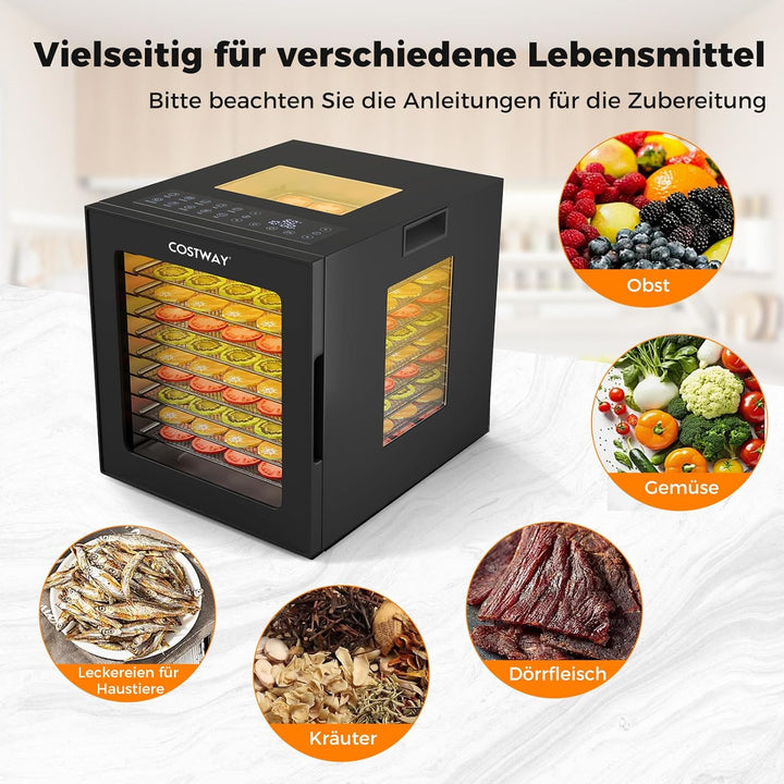GOPLUS 850W Dörrautomat Edelstahl, Dörrgerät mit 10 Programmen, 35-75°C Temperatur einstellbar, 48H