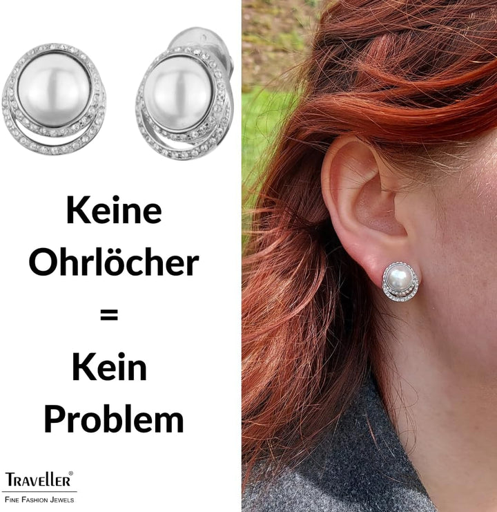Traveller Ohrclip - Perle weiss - Kristalle Silber/Weiss, Silber/Weiss