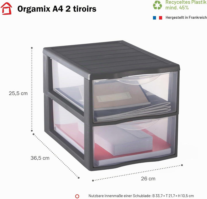 SUNDIS Orgamix, schubladenbox aus Kunststoff, 2 transparente Schubladen für A4-Papier, Höhe 25,5 cm,