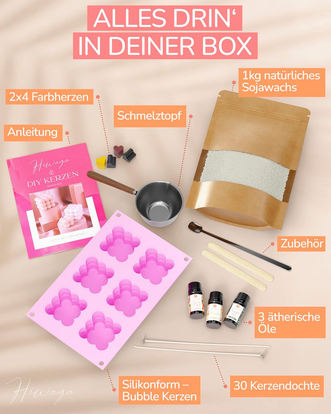 Hiwaga DIY Kerzen selber machen Set für Erwachsene, Starterkit für kreative Kerzenherstellung, Kerze