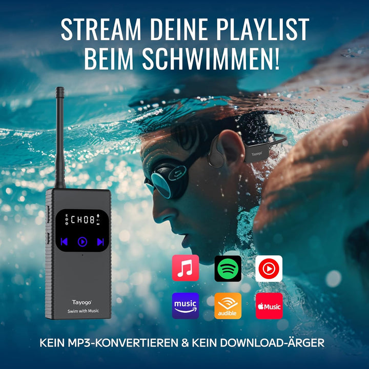 Tayogo T6-W25 Knochenschall-Kopfhörer Schwimmen - Drahtloser Sender, Ideal für Spotify und Audible |