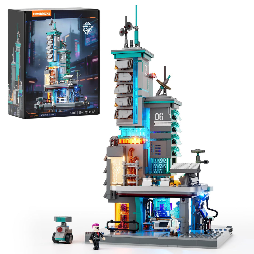 Lumibricks Neon Tech Station Beleuchtetes Klemmbaustein-Set, 1282 Teile Cyberpunk Hochhaus mit LED-L