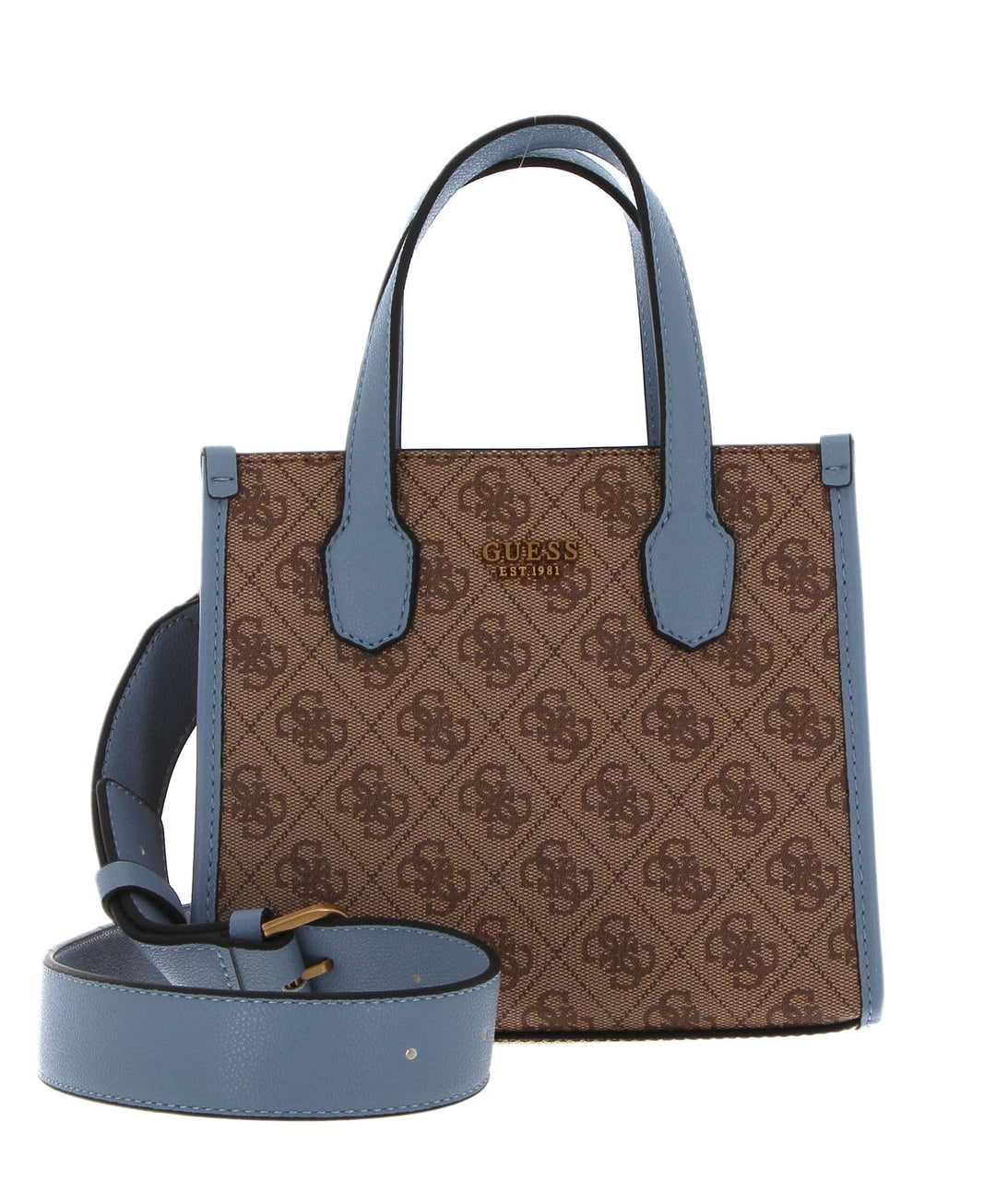 GUESS Damen Silvana Umhängetasche, Mini-Tragetasche, Tragegriff Oben Latte Logo/Schiefer, Latte Logo