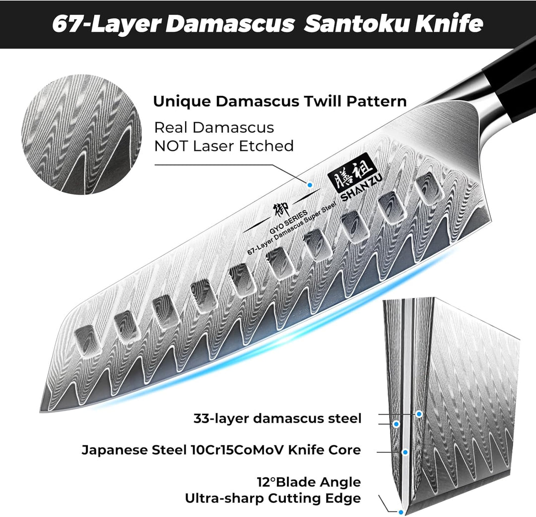 SHAN ZU Kochmesser, Santokumesser Küchenmesser 18cm Damaskus AUS-10 Edelstahl Scharfe Messerklinge E