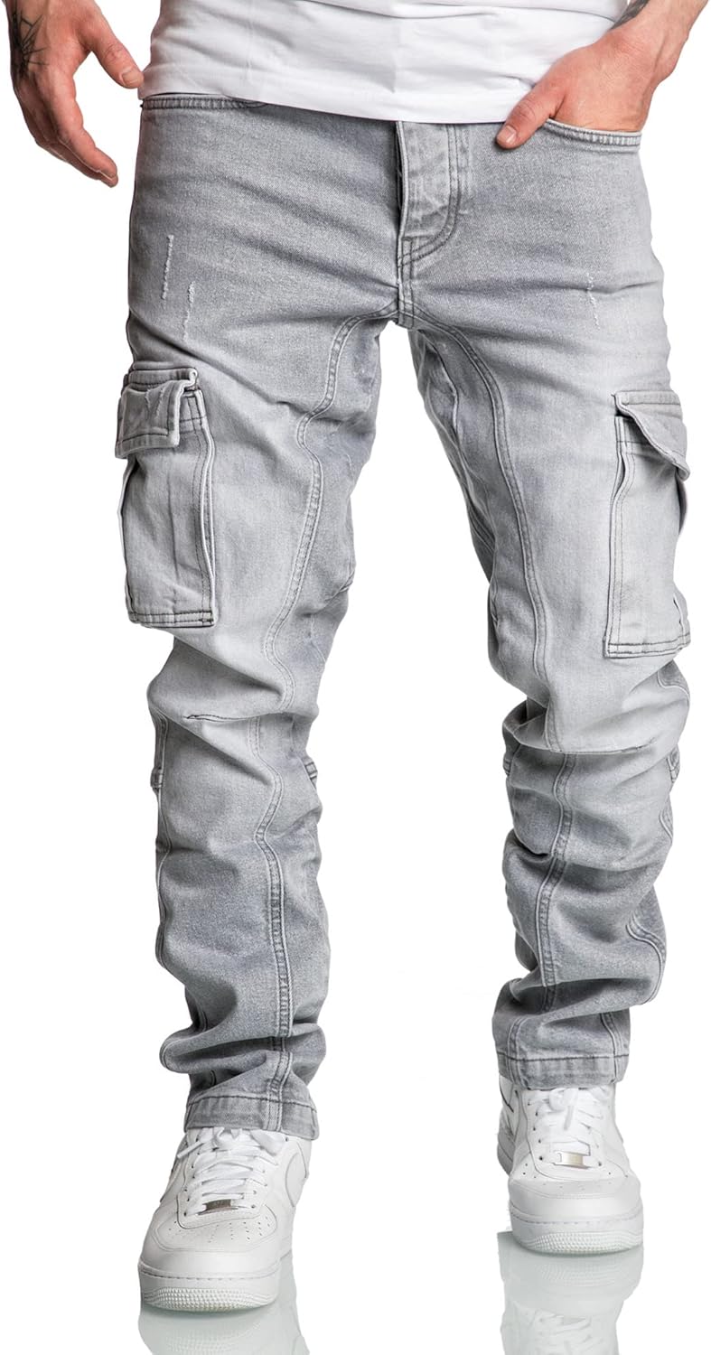 Amaci&Sons Herren Cargo Jeans Regular Slim Denim Hose Destroyed 7977 30W / 32L Hellgrau, 30W / 32L H