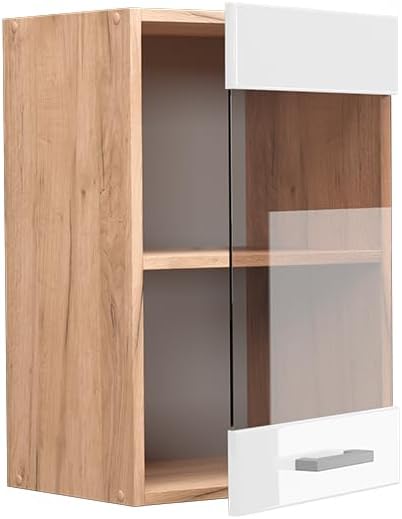 Vicco Küchenschrank Glas R-Line, Weiss Hochglanz/Goldkraft Eiche, 40 cm Weiss Hochglanz Hängeglassch
