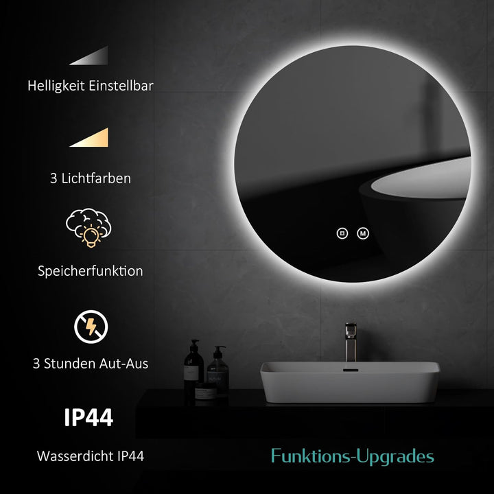 EMKE Badspiegel mit Beleuchtung rund 50cm Durchmesser Badezimmerspiegel mit 3 Lichtfarbe dimmbar, Sp