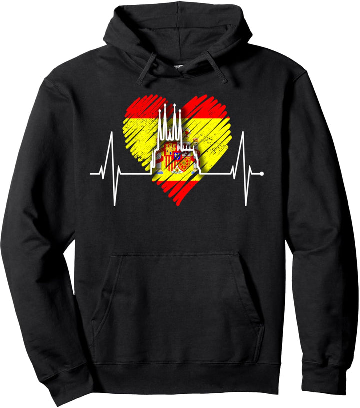 Barcelona Skyline Herzschlag Spanien Flagge Sagrada Familia Pullover Hoodie