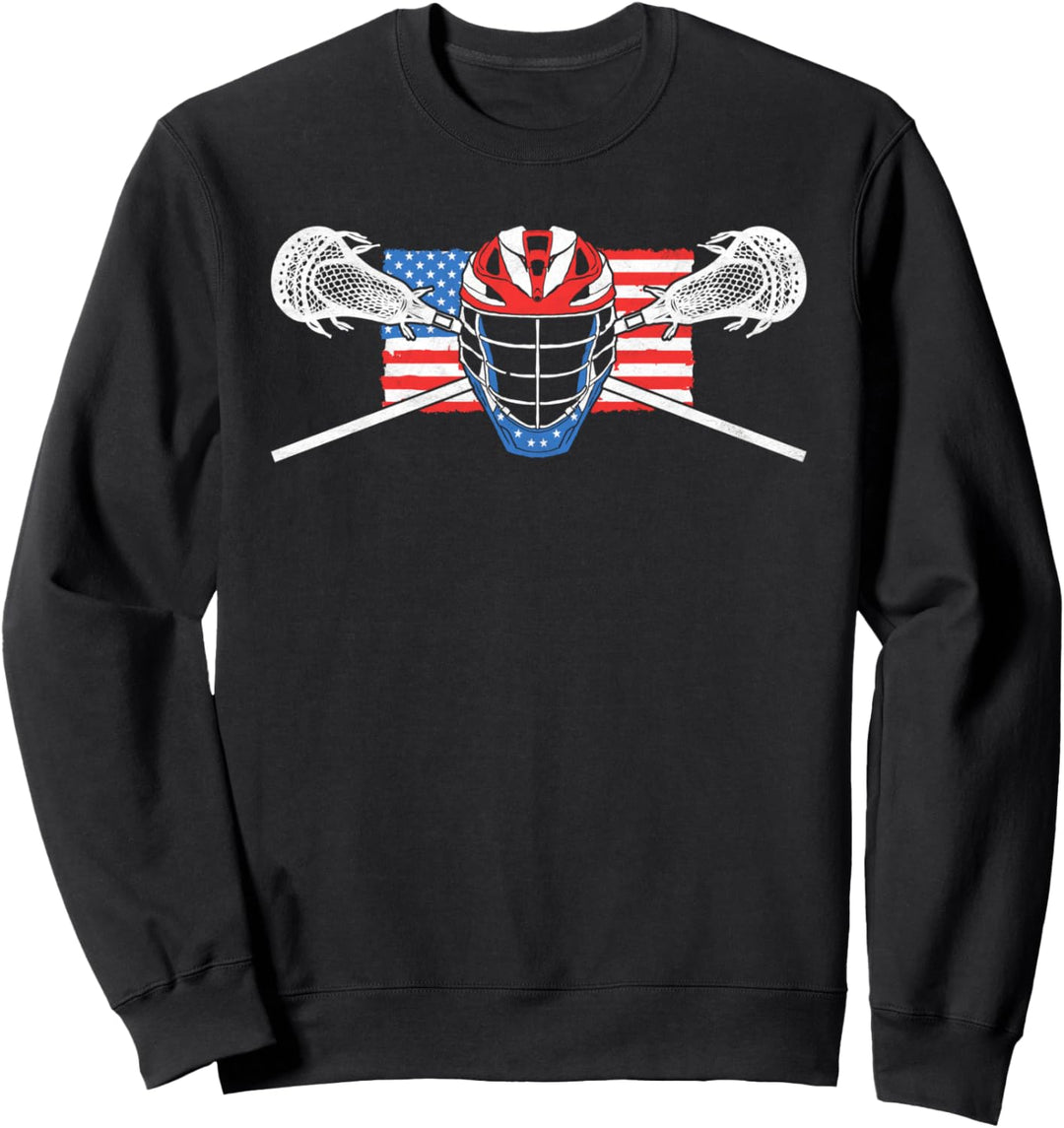 Lacrosse Helmet &amp; Crossed Sticks Retro American Flag Design Sweatshirt